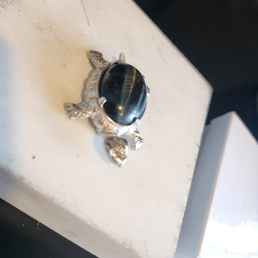 Silver Tone Turtle Brooch with Black Tiger's Eye Oval Stone Center