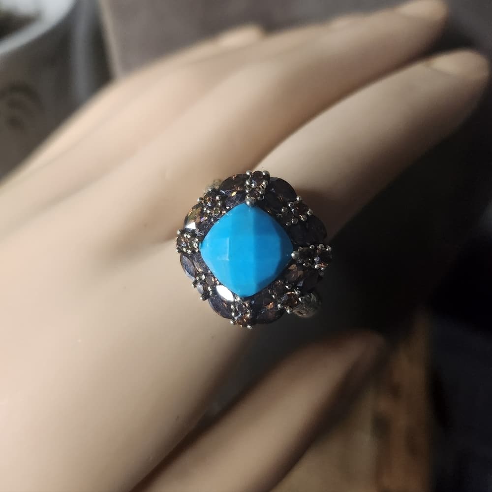 Vintage 14k Plated 925 Fauceted Turquoise anf Smokey Quarts Ring Barbara Bixby - Thumbnail 2