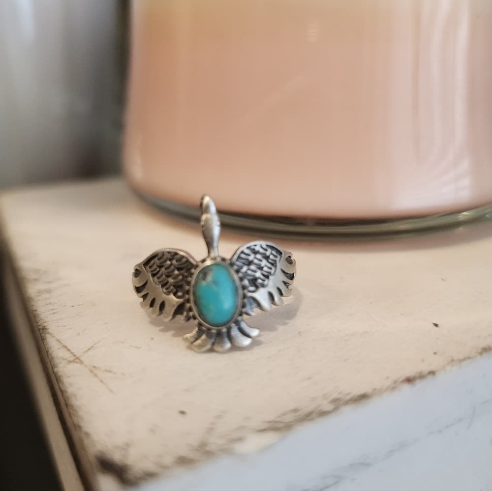 New- Sterling Silver And Oval Turquoise Thunderbird Desin Size 7.25 - Thumbnail 6