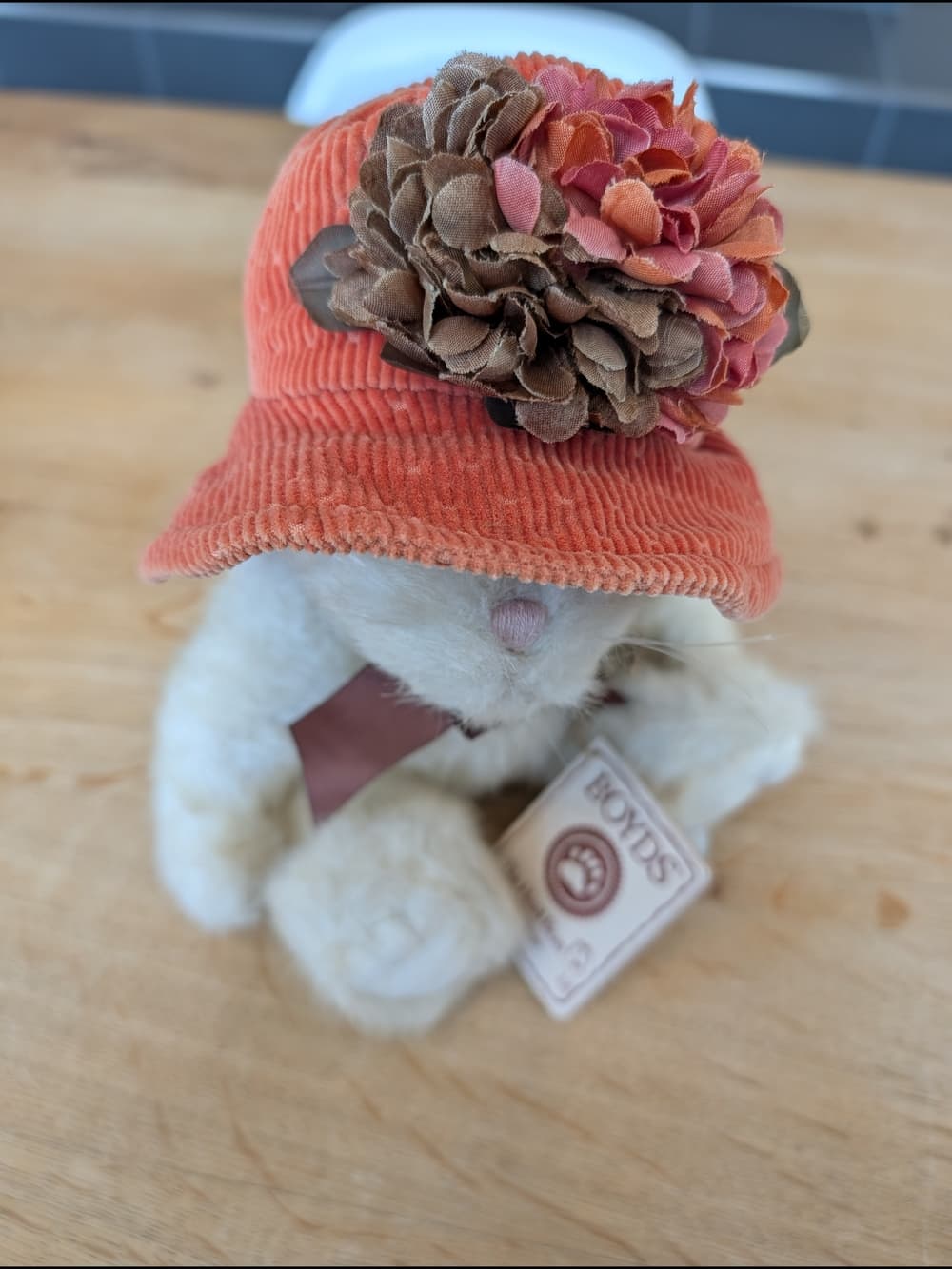 Vintage Boyds Cream Cat Priscilla Autumntyme with Orange Corduroy Hat Flowers - Thumbnail 3