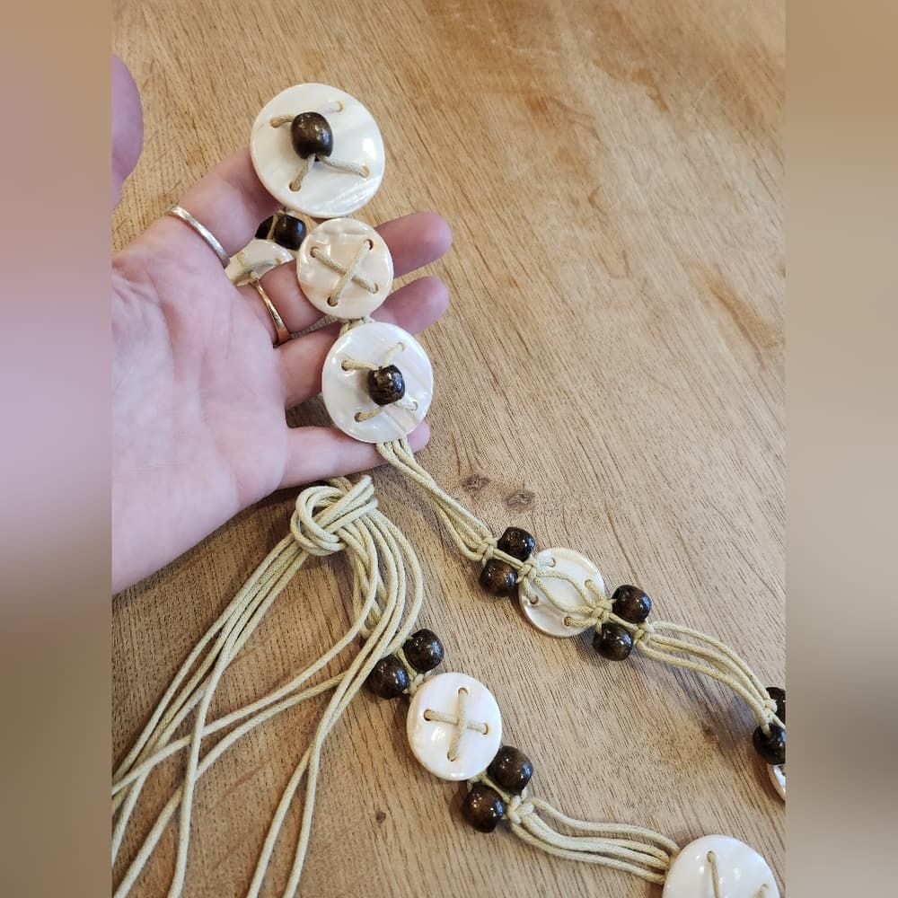 Boho White Shell and Brown Wpod Beaded Women's Accent Waist Belt - Thumbnail 5
