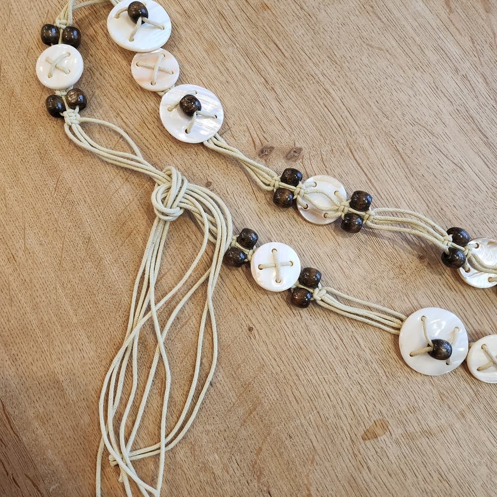 Boho White Shell and Brown Wpod Beaded Women's Accent Waist Belt - Thumbnail 6
