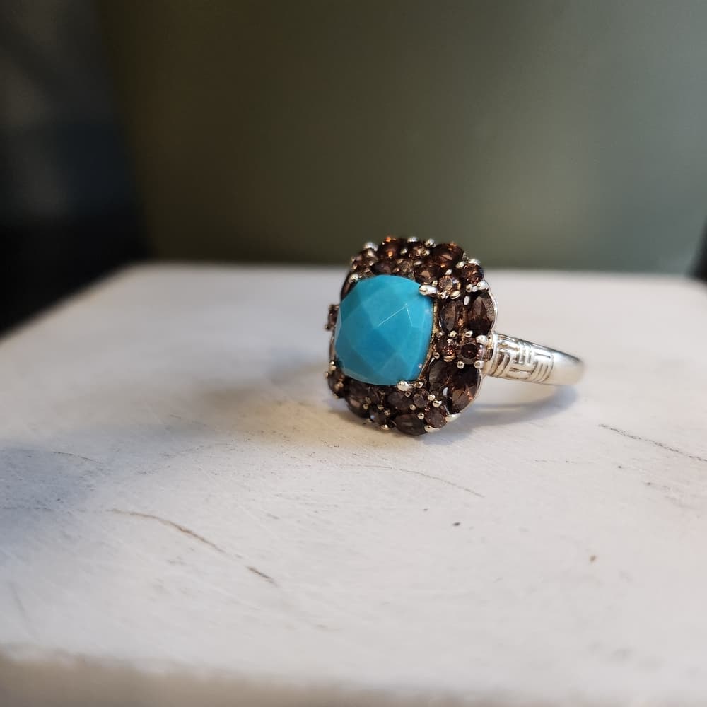 Vintage 14k Plated 925 Fauceted Turquoise anf Smokey Quarts Ring Barbara Bixby - Thumbnail 5