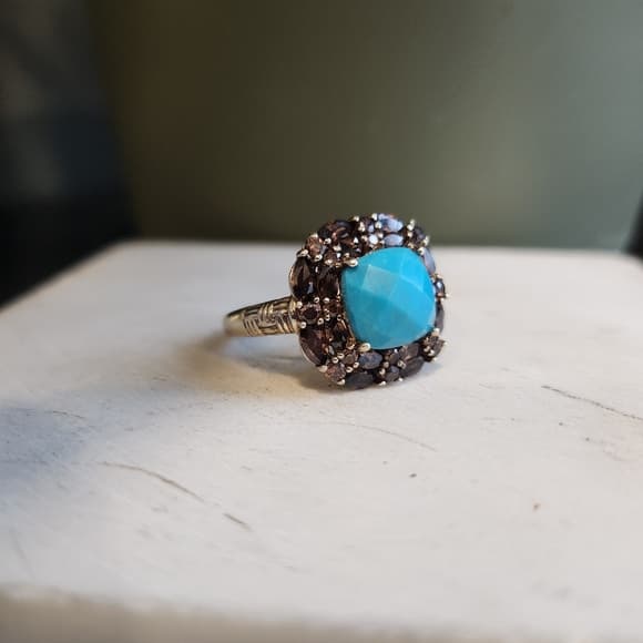 Vintage 14k Plated 925 Fauceted Turquoise anf Smokey Quarts Ring Barbara Bixby - Thumbnail 16