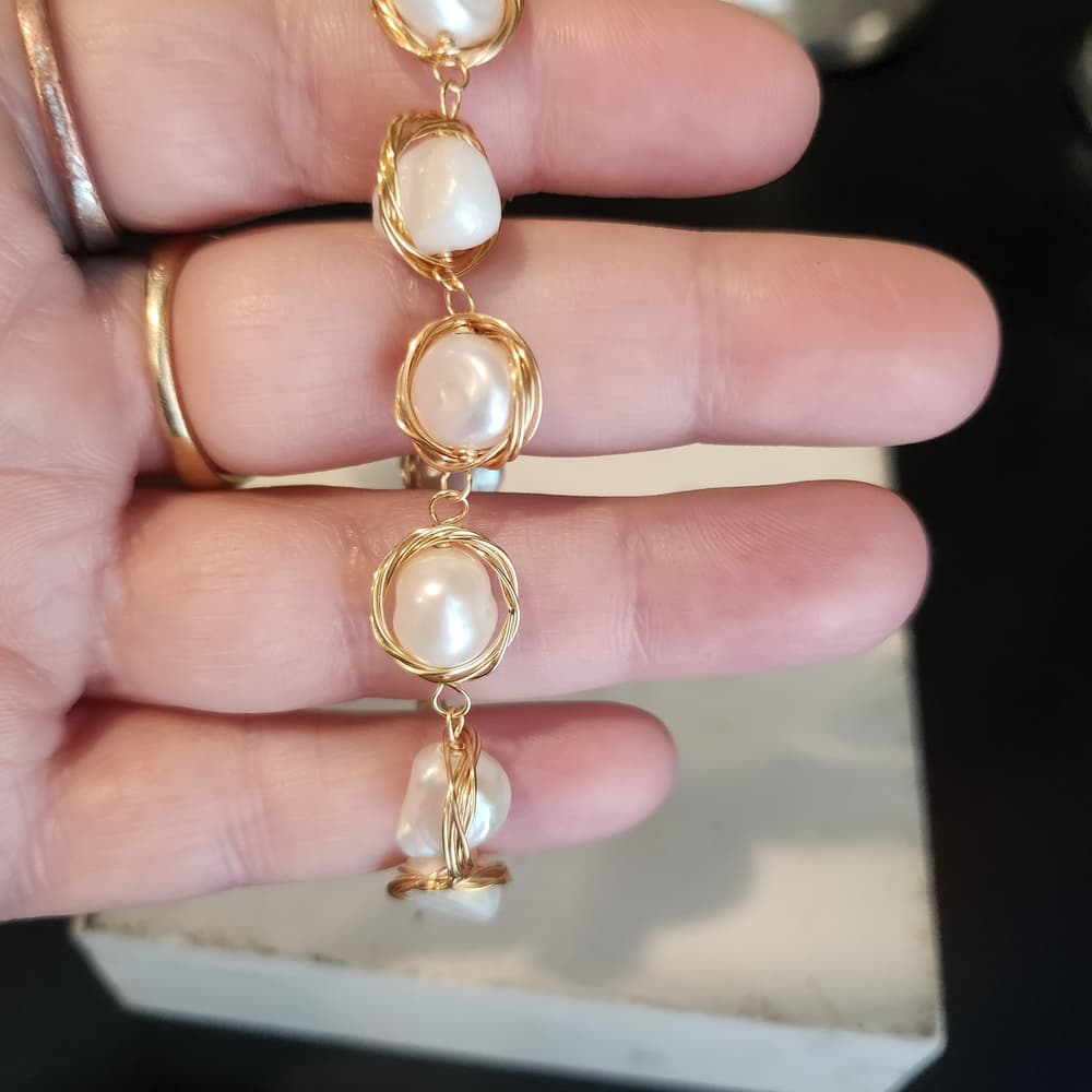 Golden Wire Wrapped Baroque Round Button Freshwater Pearl Bracelet 7.5 - Thumbnail 3