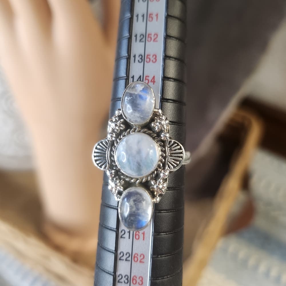 Triple Rainbow Moonstone Sterling Silver Ring Size 8 Boho Statement - Thumbnail 6