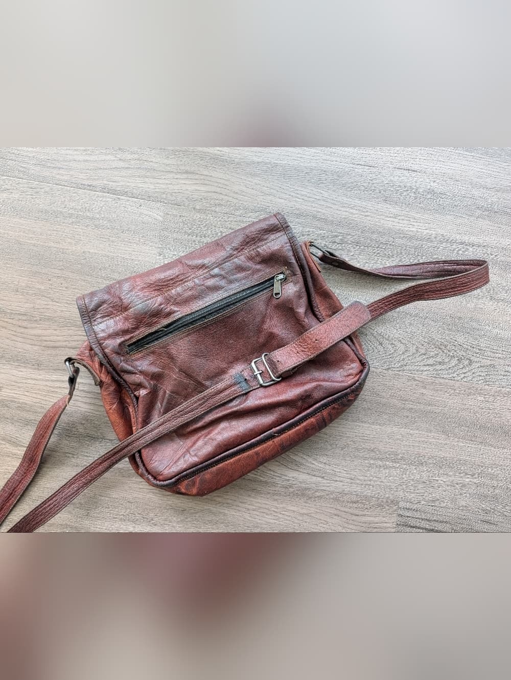Vintage Komal's Rustic Well Loved Brown Genuine Leather Satchel Messenger Bag - Thumbnail 10