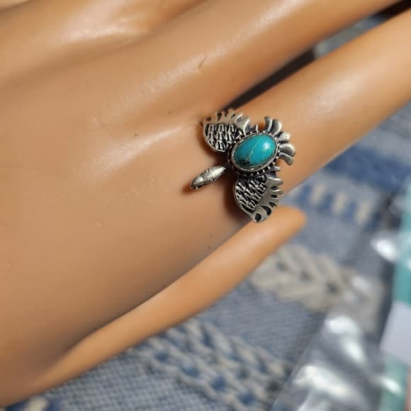 New- Sterling Silver And Oval Turquoise Thunderbird Desin Size 7.25 - Thumbnail 8