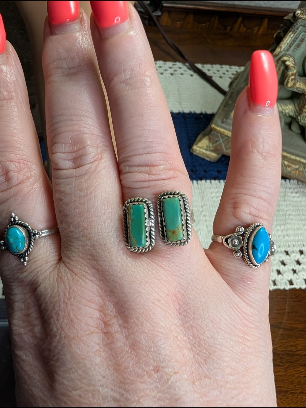 Double Kingman Turquoise Bar Ring Sterling Silver Southwestern Adjustable Sz 7 - Thumbnail 3