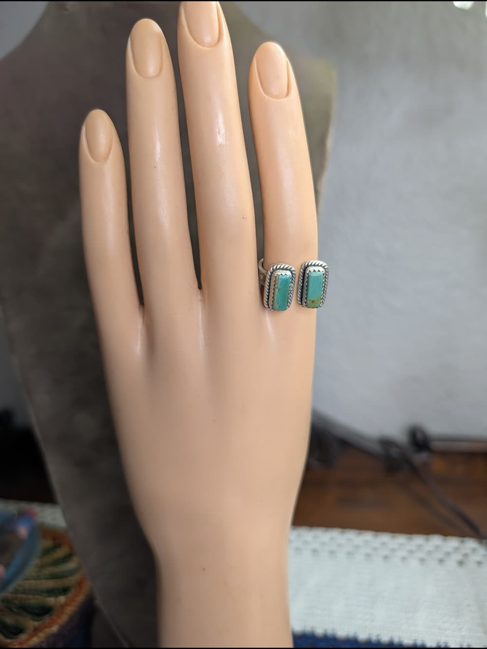 Double Kingman Turquoise Bar Ring Sterling Silver Southwestern Adjustable Sz 7