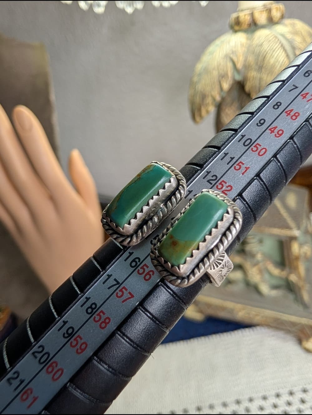 Double Kingman Turquoise Bar Ring Sterling Silver Southwestern Adjustable Sz 7 - Thumbnail 8