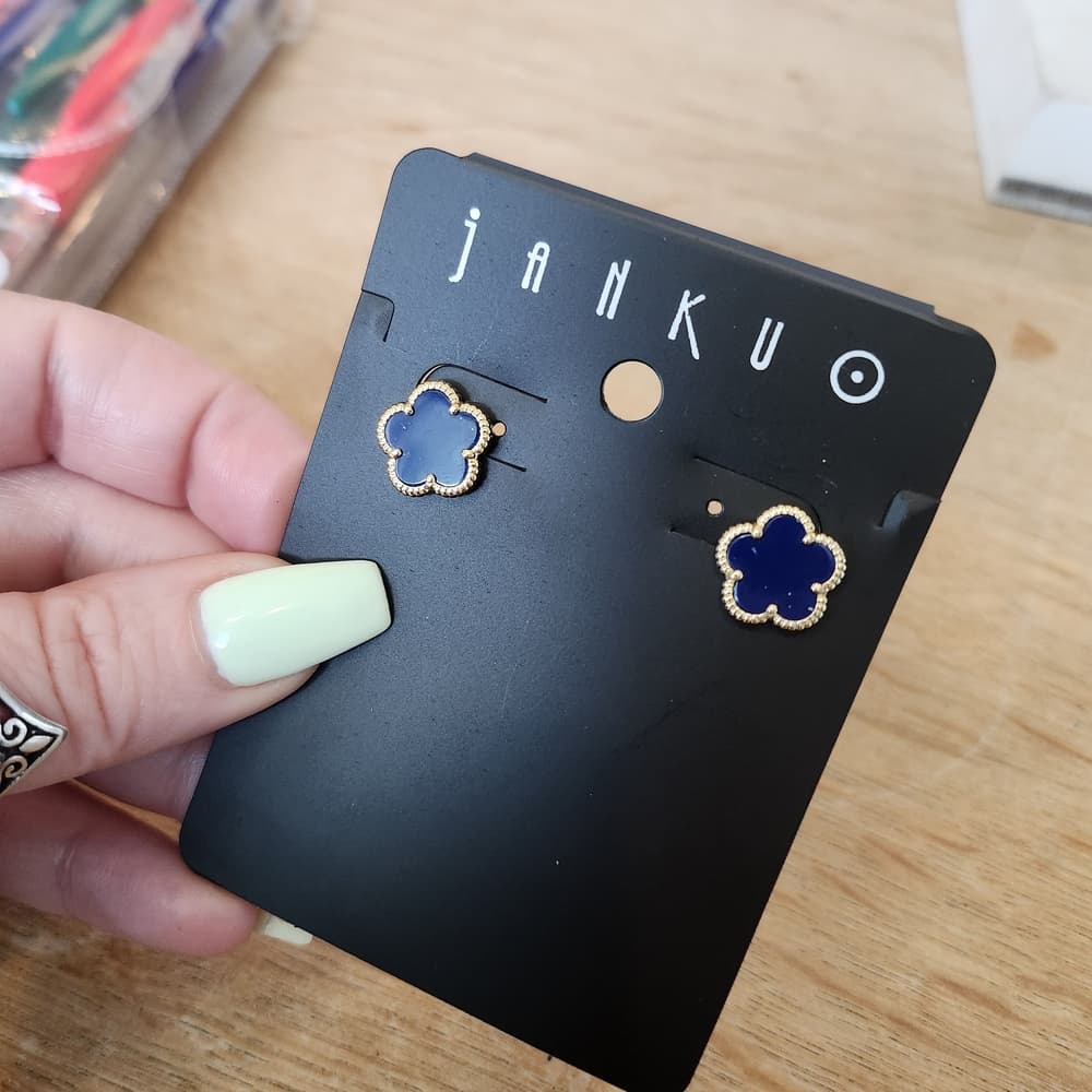 Jankuo Dark Blue Saphire and Gold Flower Stud Earrings - Thumbnail 4