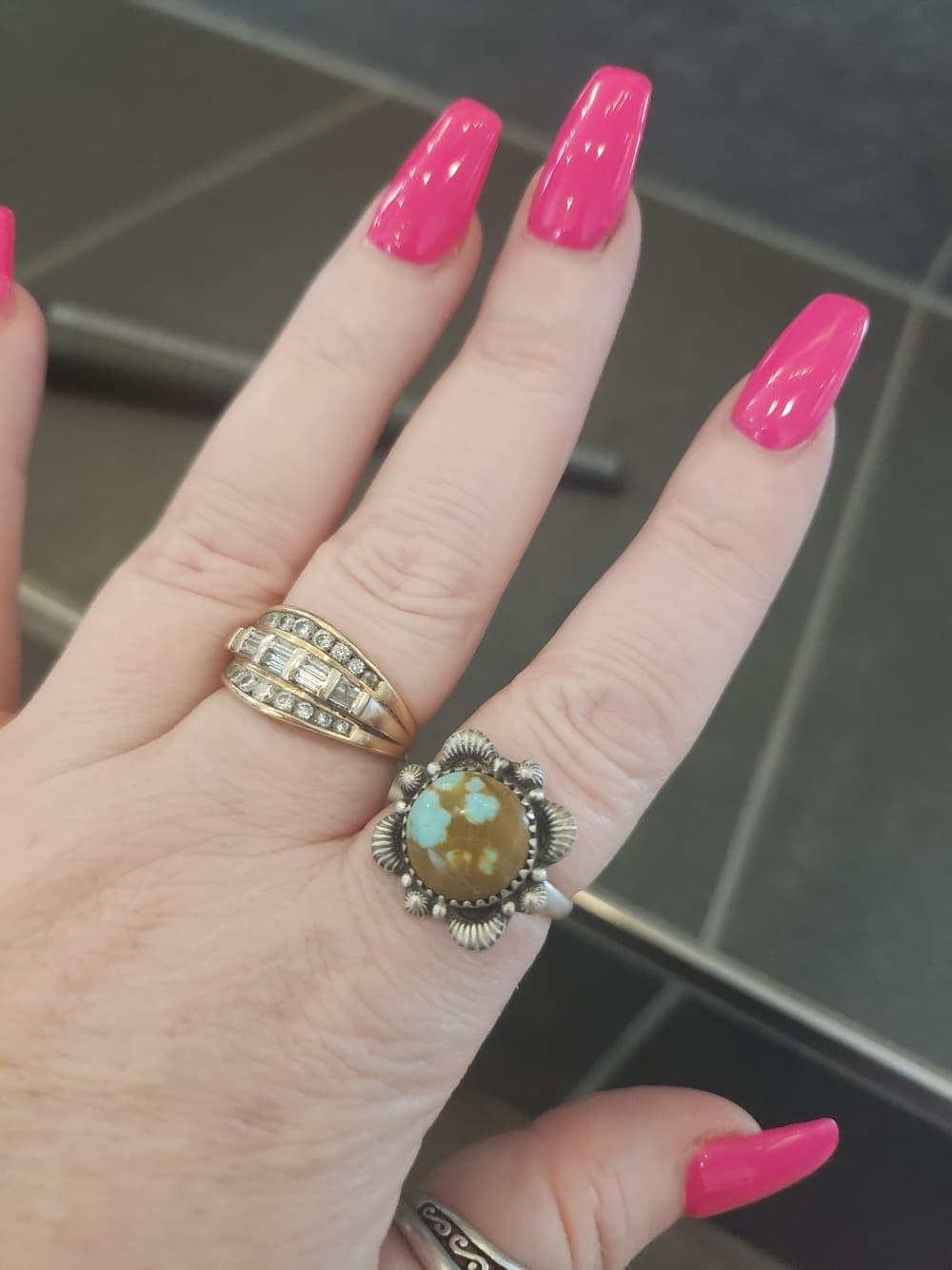 Frosted Sterling Silver + #8 Turquoise Chunky Textured Floral Ring Sz 8.75 - Thumbnail 4