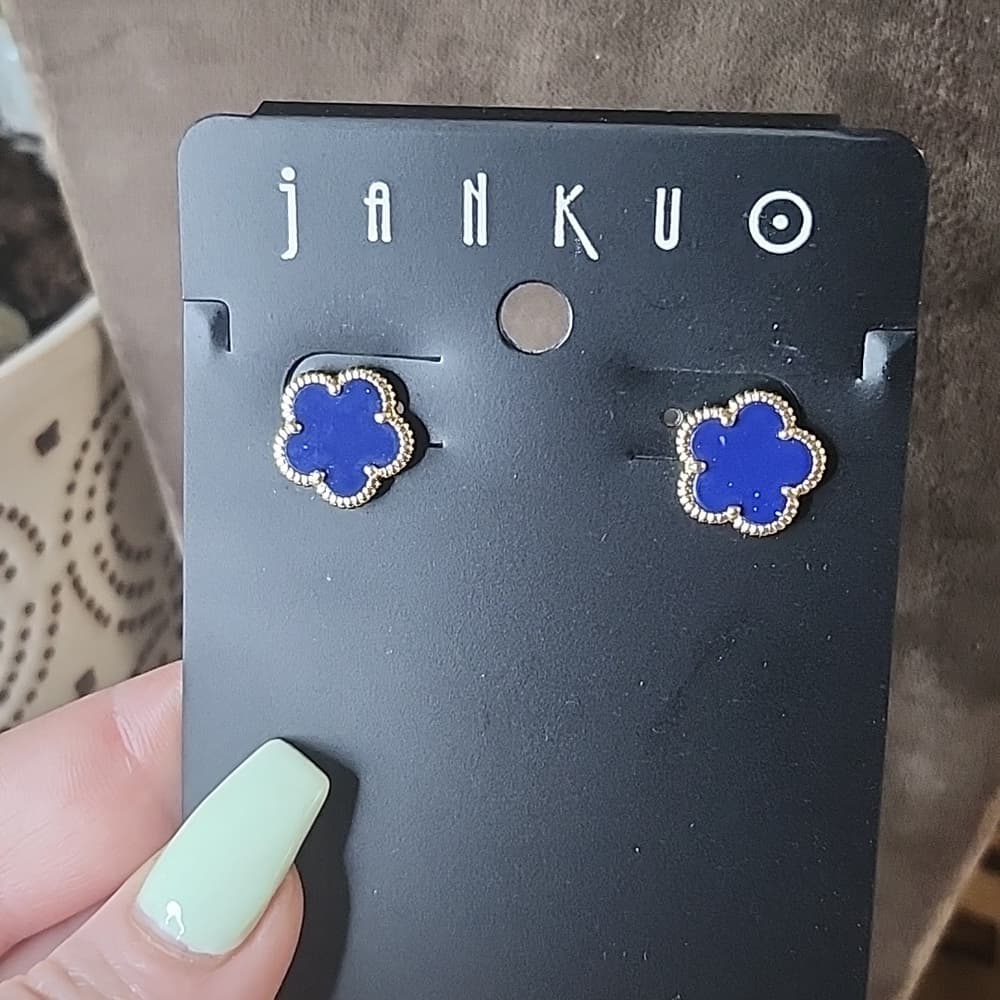 Jankuo Dark Blue Saphire and Gold Flower Stud Earrings