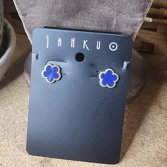 Jankuo Dark Blue Saphire and Gold Flower Stud Earrings - Thumbnail 13