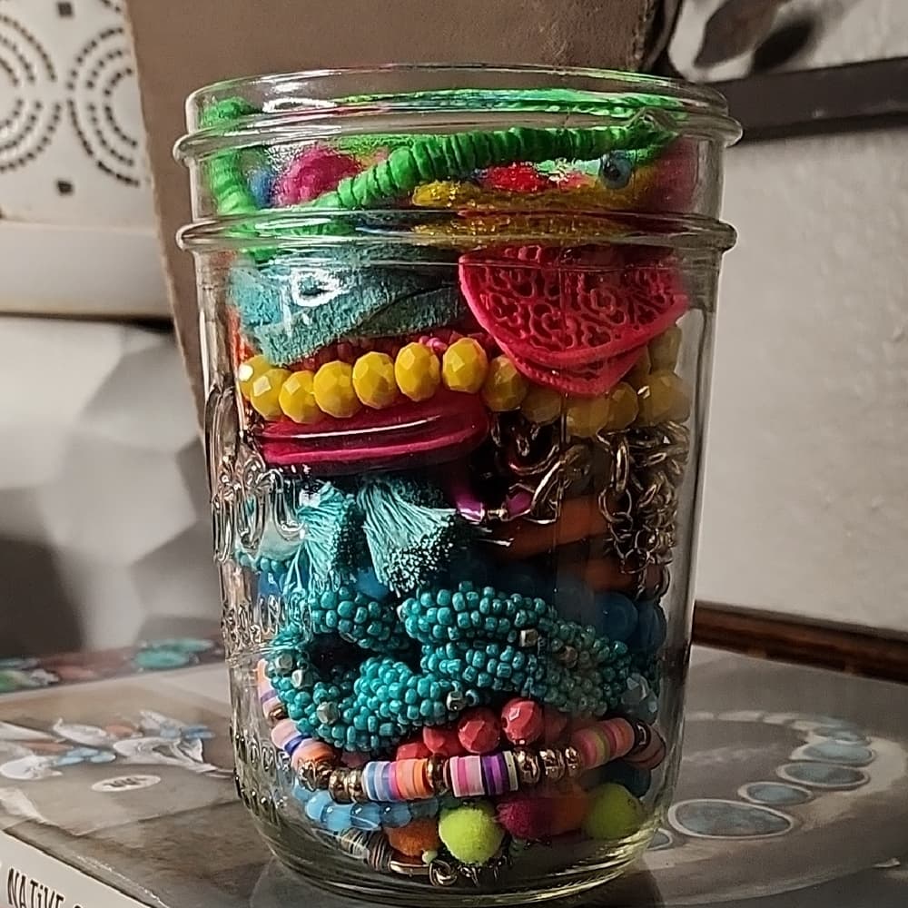 Super Bright And Fun Colorful Jewelry Jar With Earrings Bracelets Necklaces.