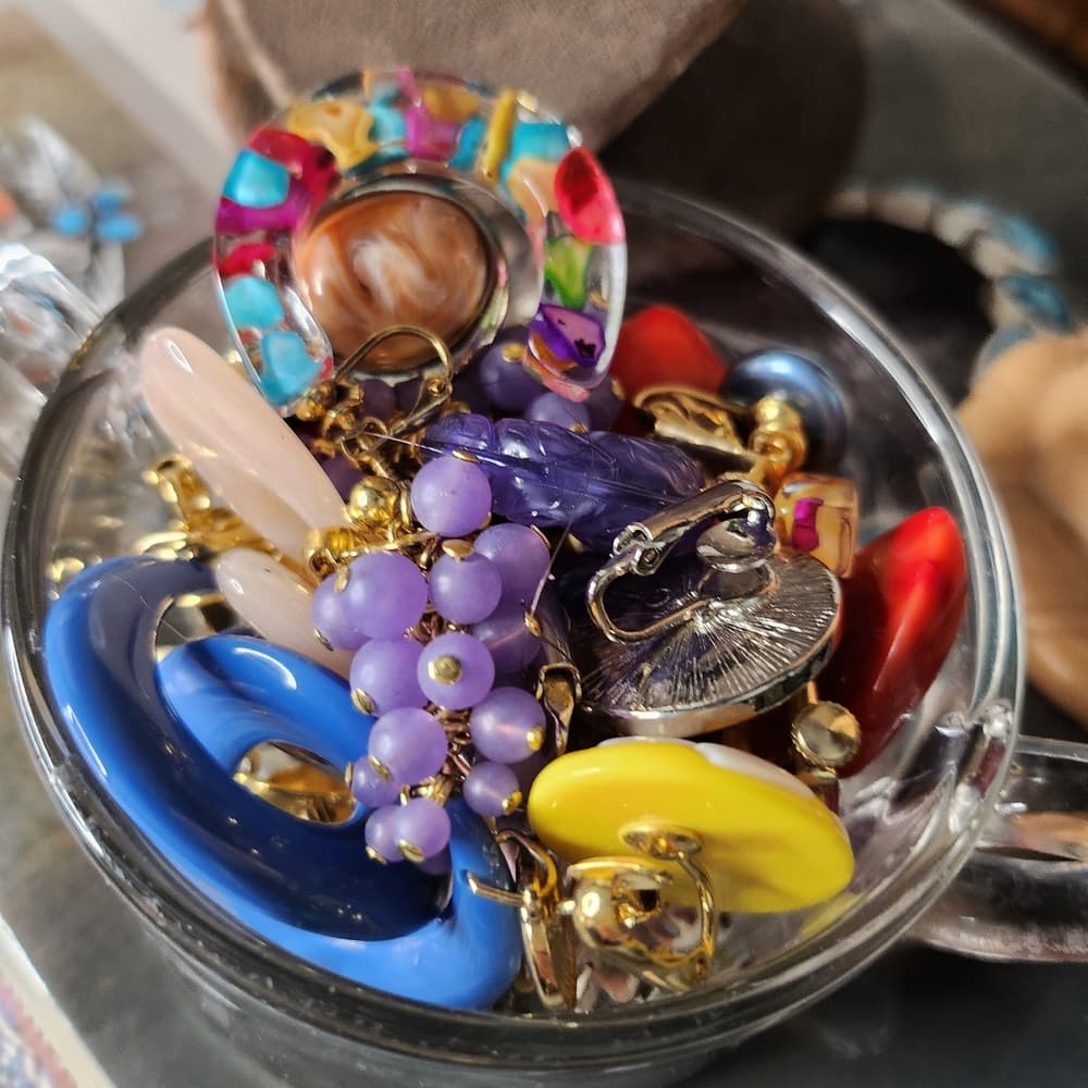 Colorful Costume Cip On Earring Assortment in Clear Vintage Glass Cup - Thumbnail 3