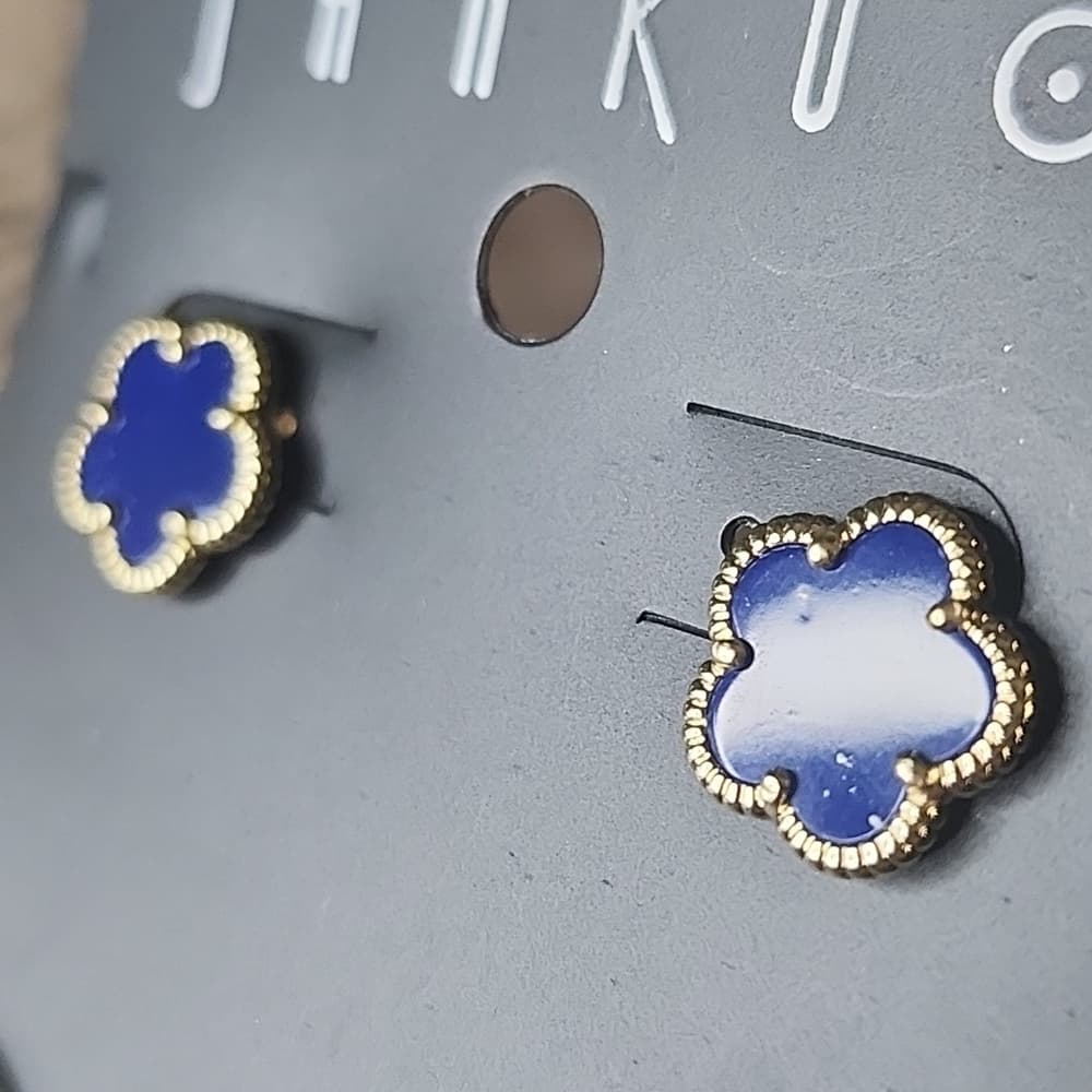 Jankuo Dark Blue Saphire and Gold Flower Stud Earrings - Thumbnail 2