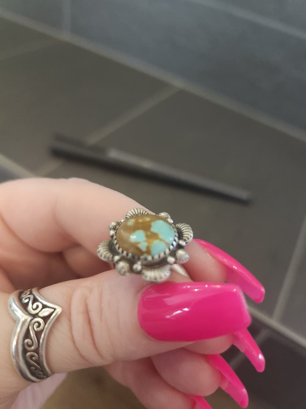 Frosted Sterling Silver + #8 Turquoise Chunky Textured Floral Ring Sz 8.75 - Thumbnail 8