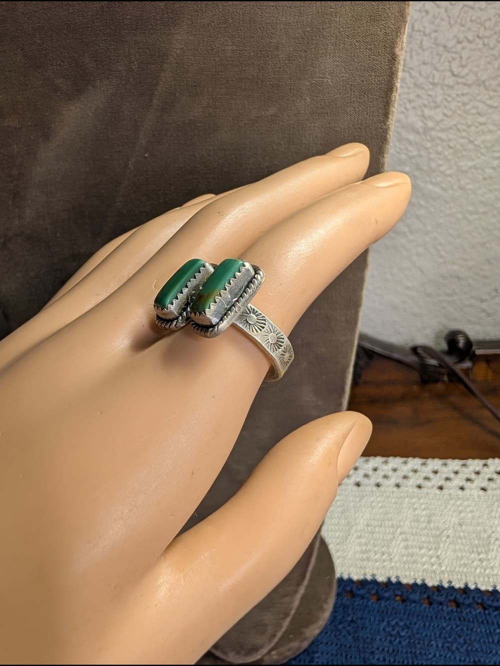 Double Kingman Turquoise Bar Ring Sterling Silver Southwestern Adjustable Sz 7 - Thumbnail 2