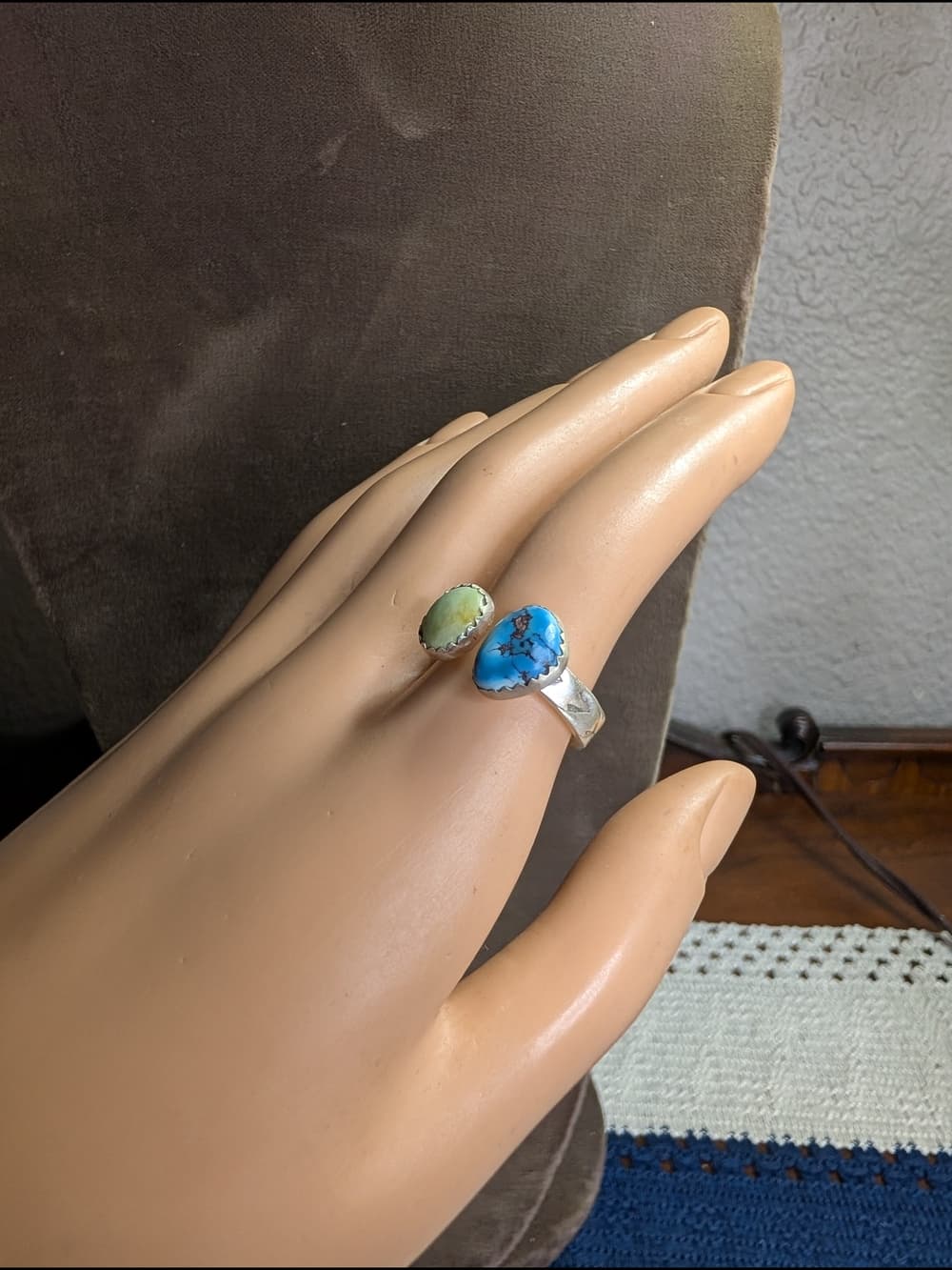 Sterling Silver Palomino & Golden Hills Double Turquoise Adjustable Ring 7.5 - Thumbnail 2