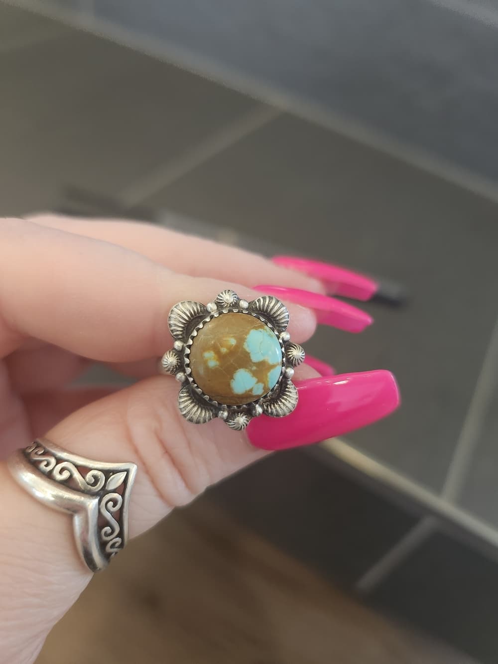 Frosted Sterling Silver + #8 Turquoise Chunky Textured Floral Ring Sz 8.75 - Thumbnail 7