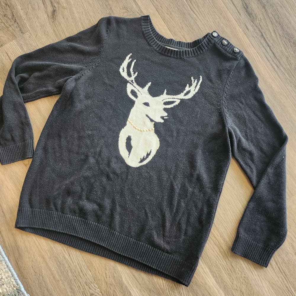 Charter Club Black Sweater with White Deer Wearing Pearls Motif Button Accents - Thumbnail 9