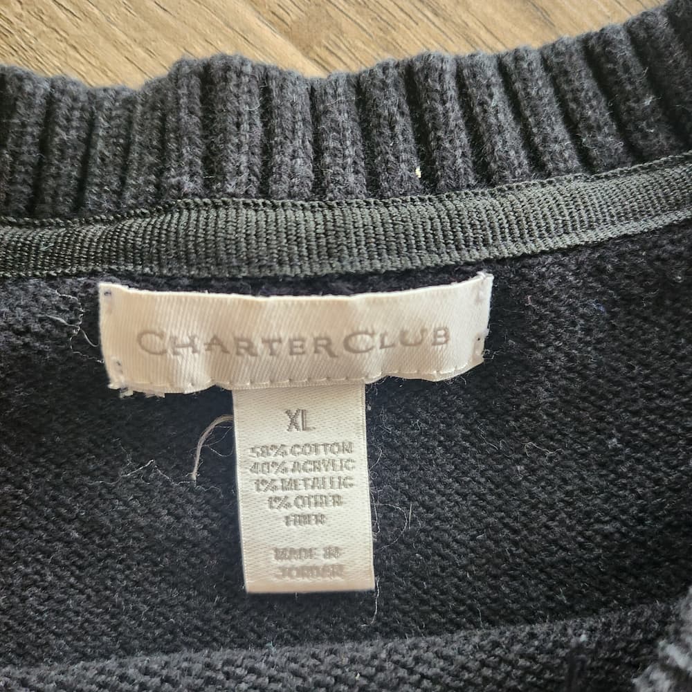 Charter Club Black Sweater with White Deer Wearing Pearls Motif Button Accents - Thumbnail 3
