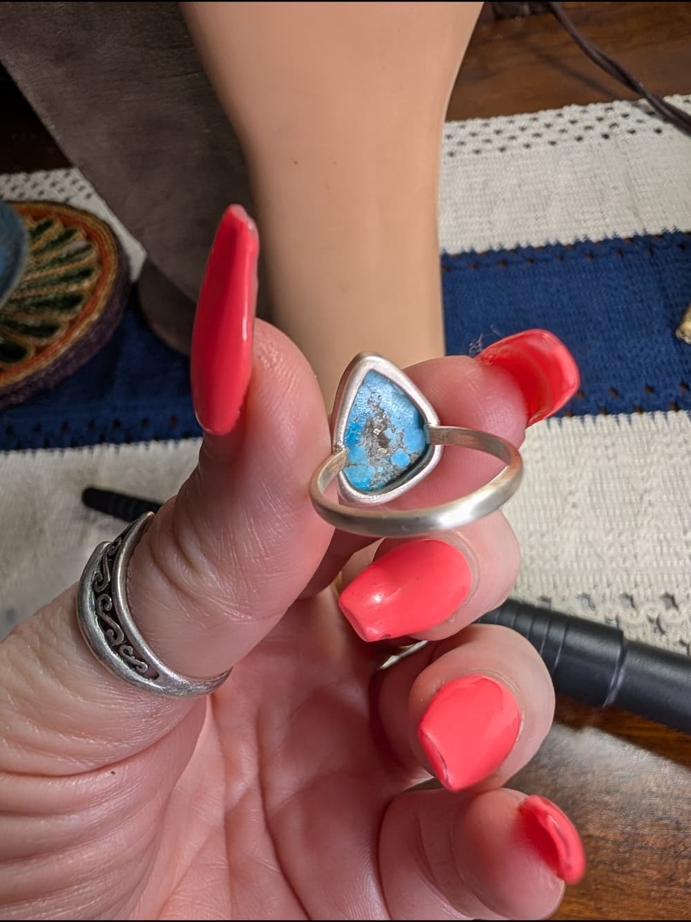 Sterling Silver Blue Turquoise Statement Ring Southwestern Boho Size 6.75 - Thumbnail 8