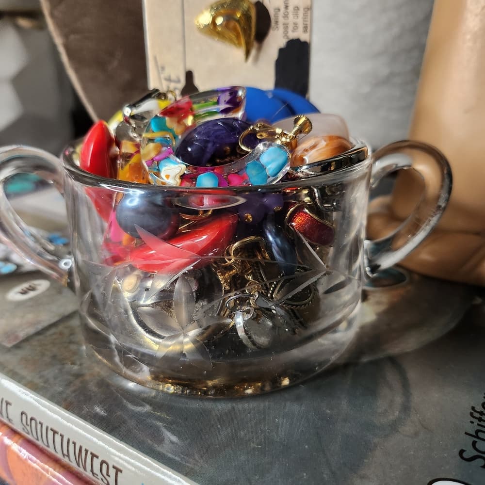 Colorful Costume Cip On Earring Assortment in Clear Vintage Glass Cup - Thumbnail 6