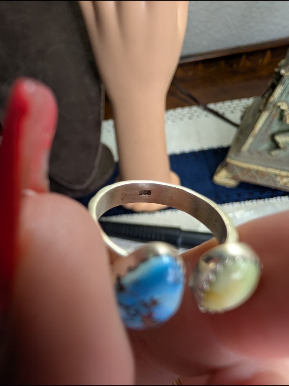 Sterling Silver Palomino & Golden Hills Double Turquoise Adjustable Ring 7.5 - Thumbnail 11