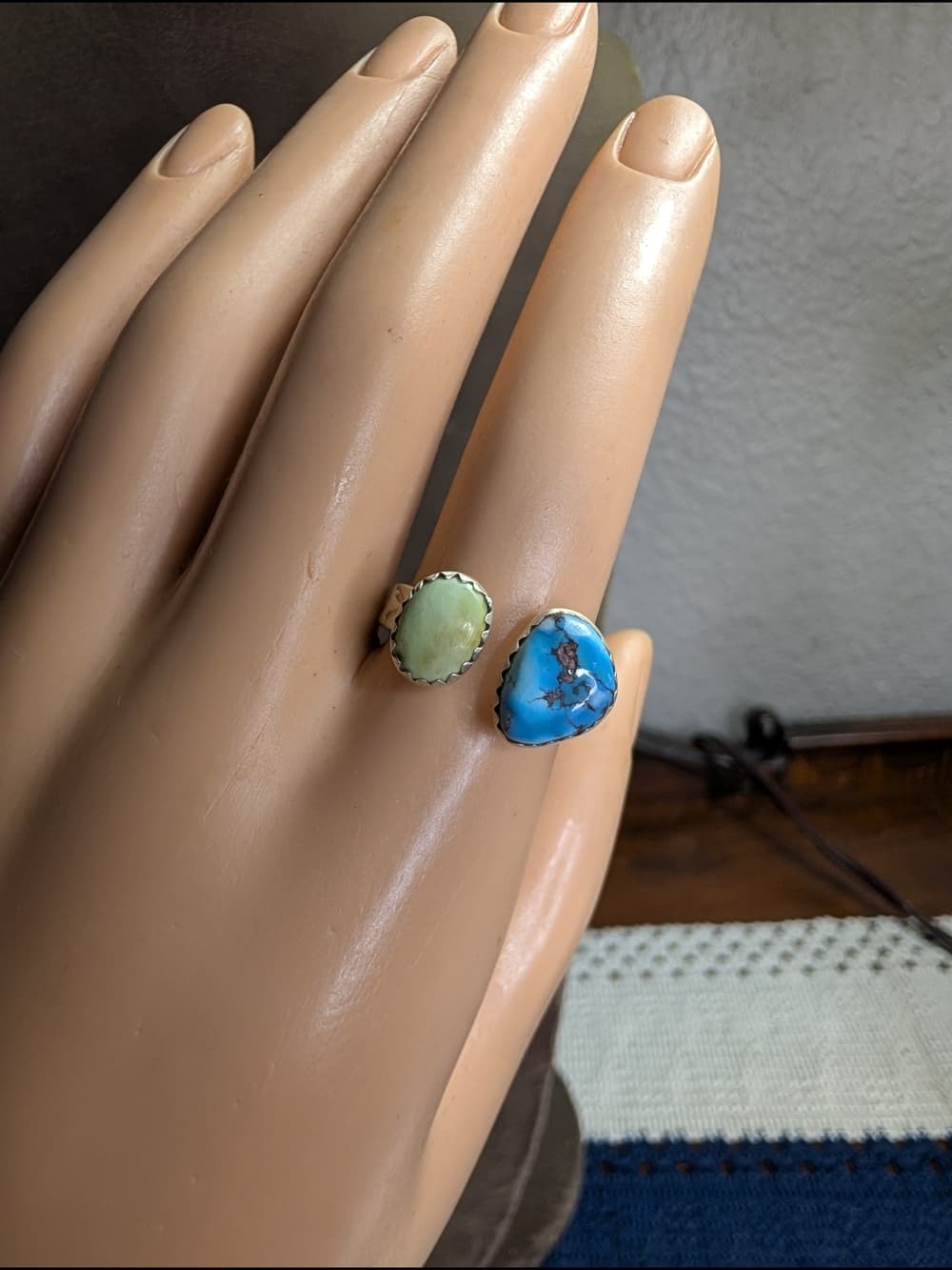 Sterling Silver Palomino & Golden Hills Double Turquoise Adjustable Ring 7.5 - Thumbnail 3