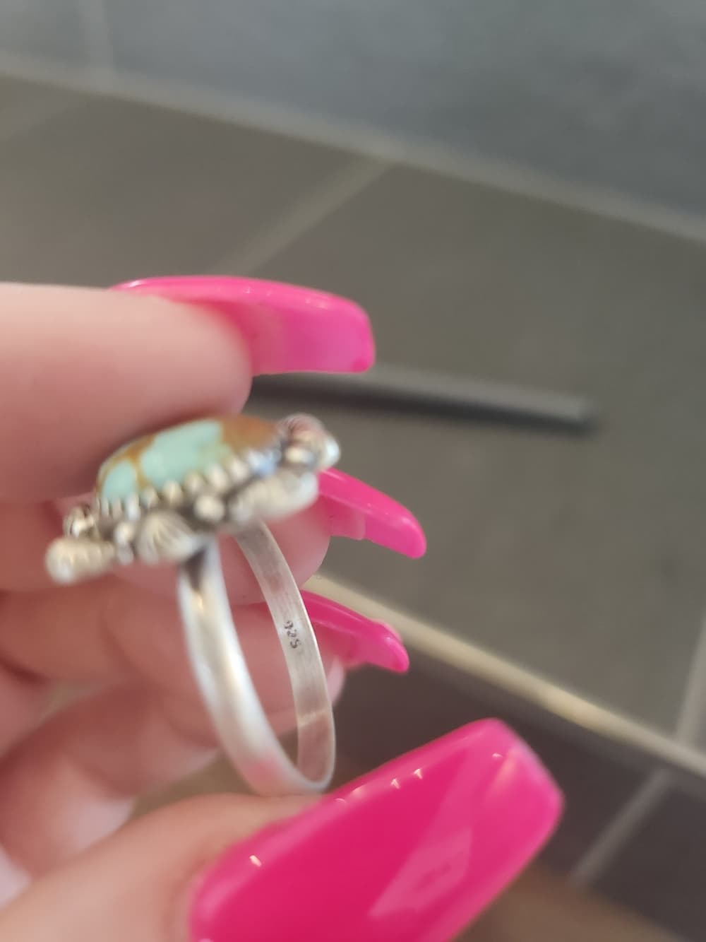 Frosted Sterling Silver + #8 Turquoise Chunky Textured Floral Ring Sz 8.75 - Thumbnail 6