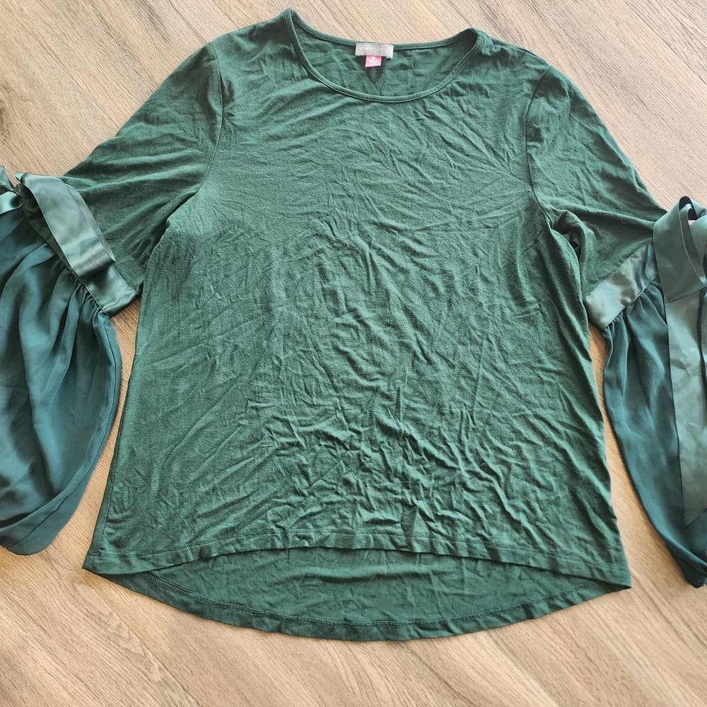 Vince Camuto Teal Green Blouse with Ribbon Ties Sheer Balloon Sleeves