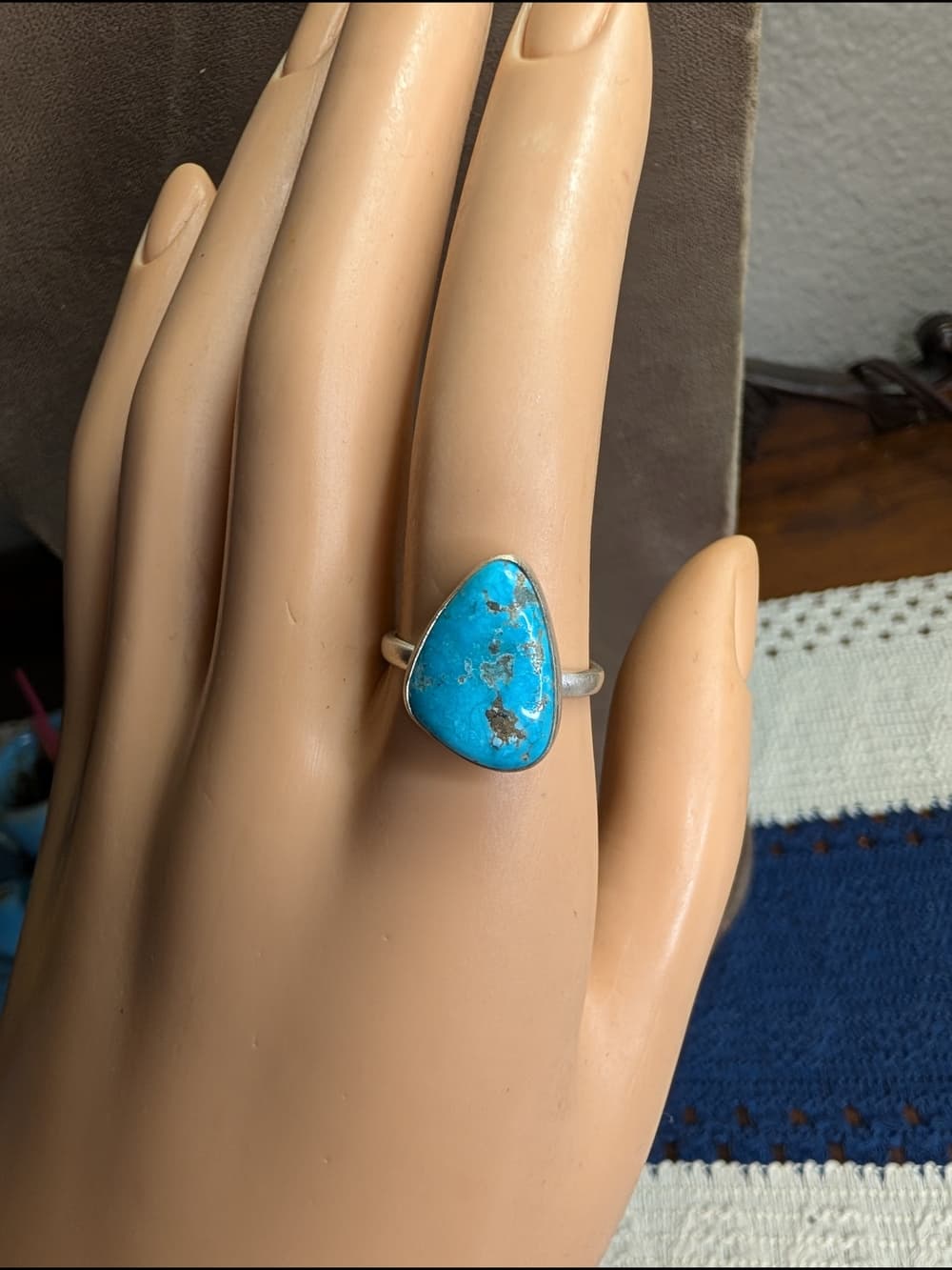 Sterling Silver Blue Turquoise Statement Ring Southwestern Boho Size 6.75 - Thumbnail 2