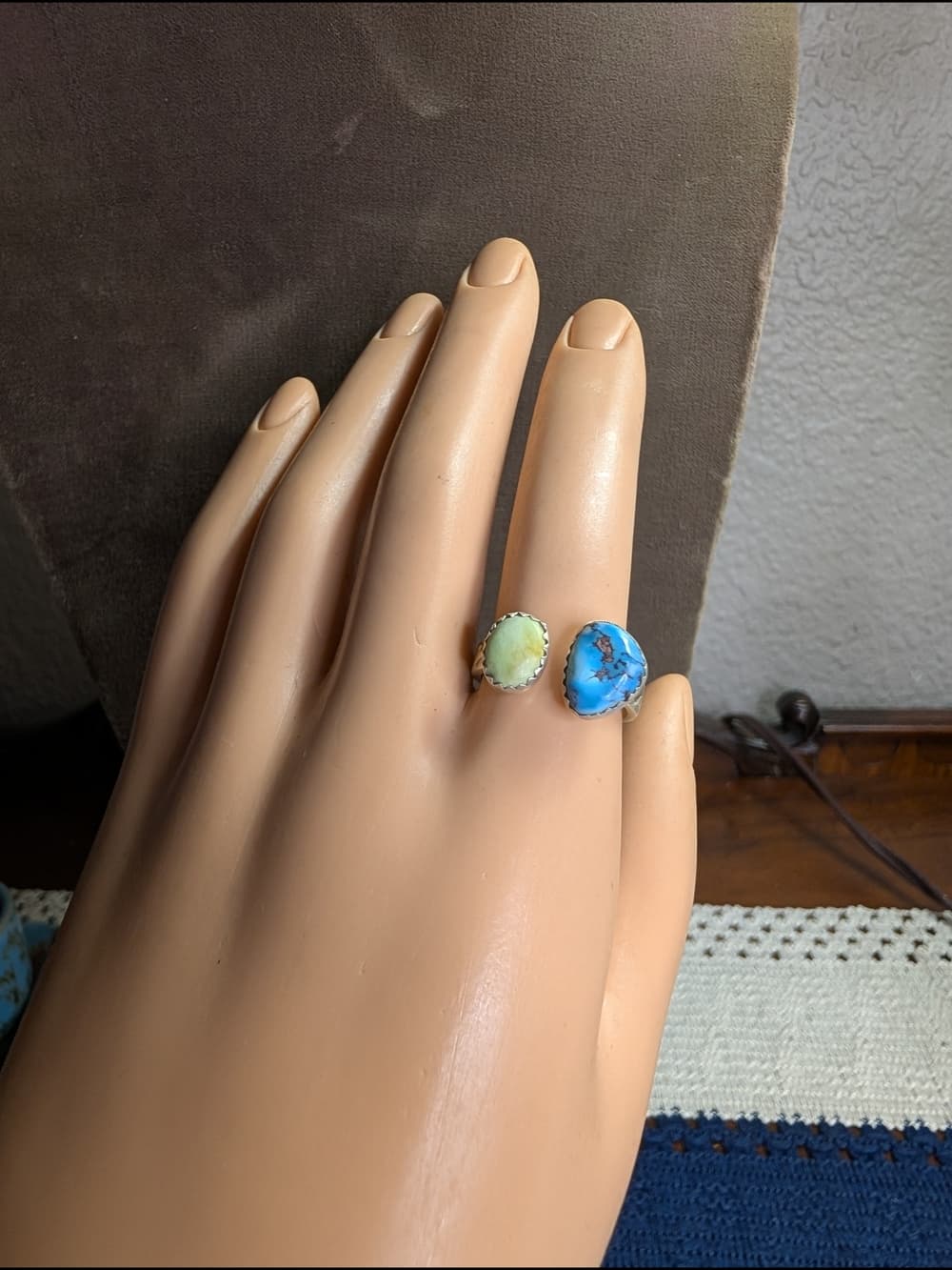 Sterling Silver Palomino & Golden Hills Double Turquoise Adjustable Ring 7.5