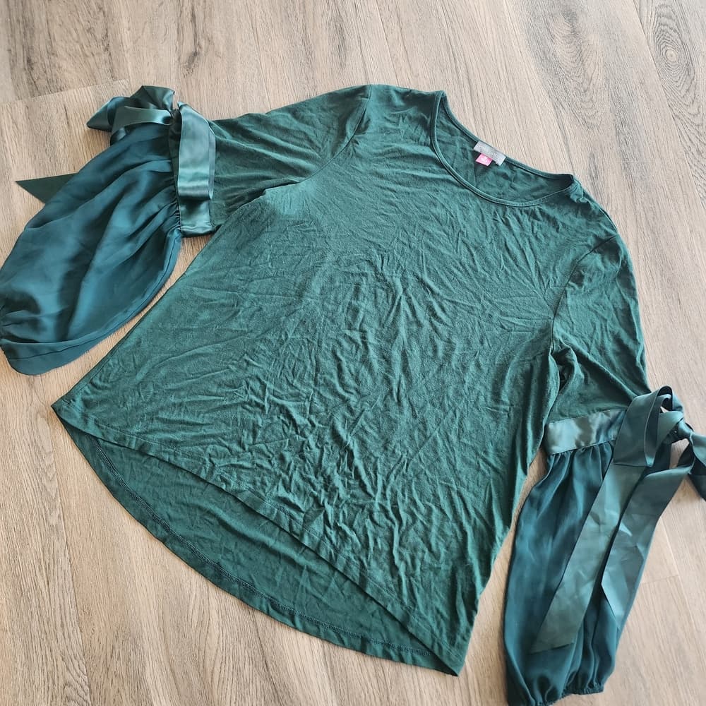 Vince Camuto Teal Green Blouse with Ribbon Ties Sheer Balloon Sleeves - Thumbnail 8