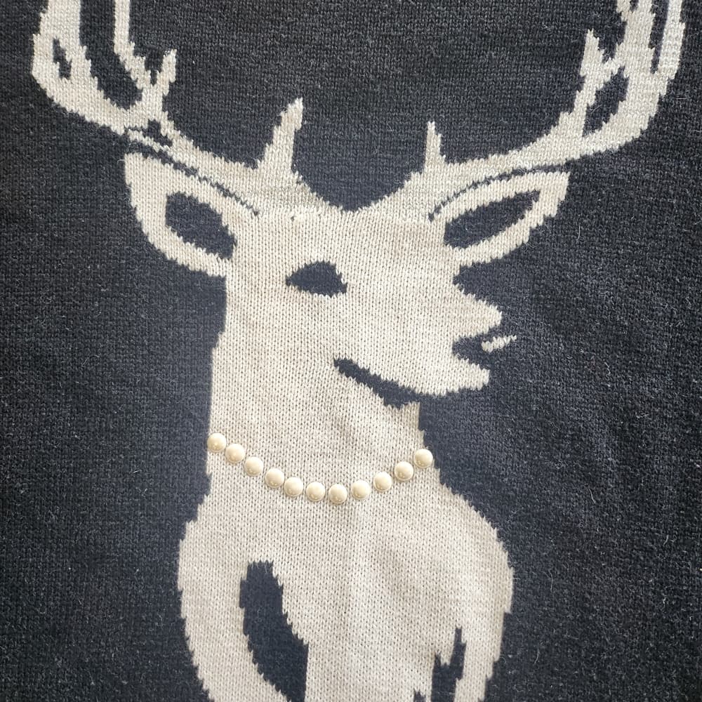 Charter Club Black Sweater with White Deer Wearing Pearls Motif Button Accents - Thumbnail 2