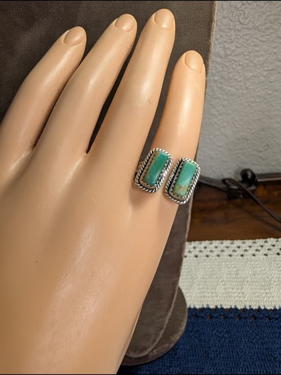 Double Kingman Turquoise Bar Ring Sterling Silver Southwestern Adjustable Sz 7 - Thumbnail 12