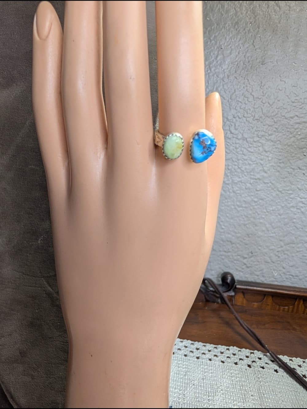 Sterling Silver Palomino & Golden Hills Double Turquoise Adjustable Ring 7.5 - Thumbnail 13