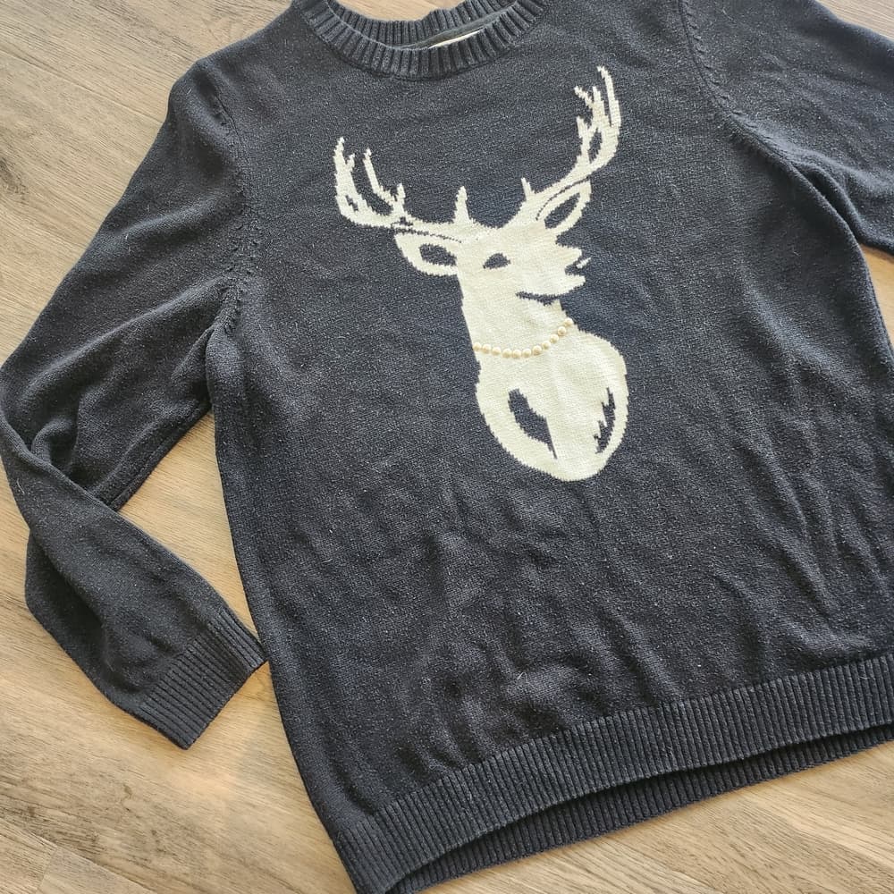 Charter Club Black Sweater with White Deer Wearing Pearls Motif Button Accents