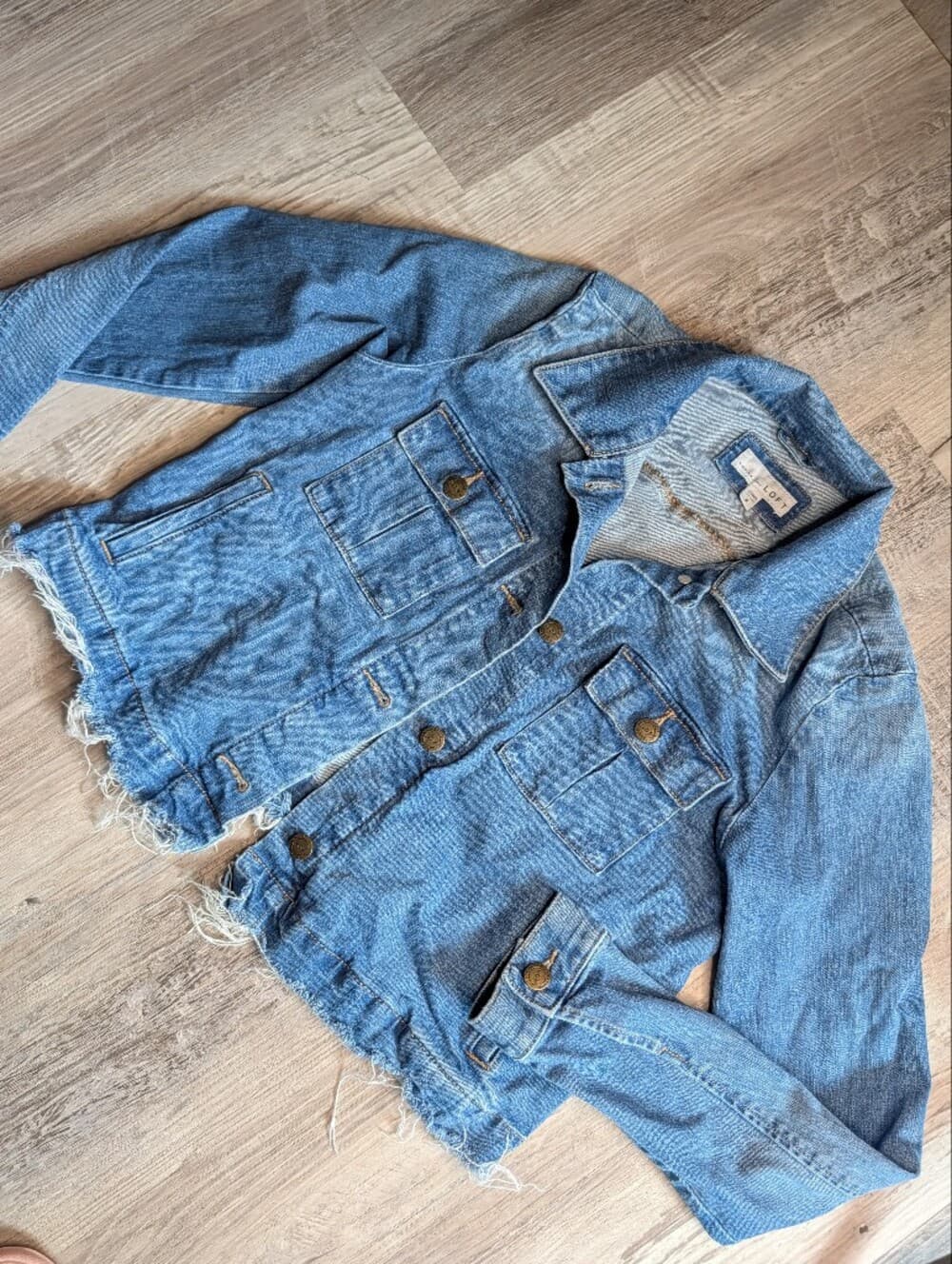LOFT Blue Distressed Raw Hem Cropped Denim Jacket - Thumbnail 9