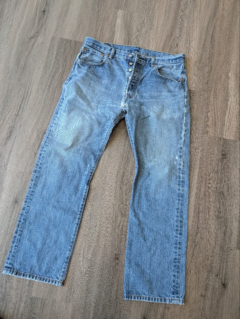 Levi's 501 Light Blue Naturally Distressed Thrashed Denim Jeans Hole In Crotch - Thumbnail 13