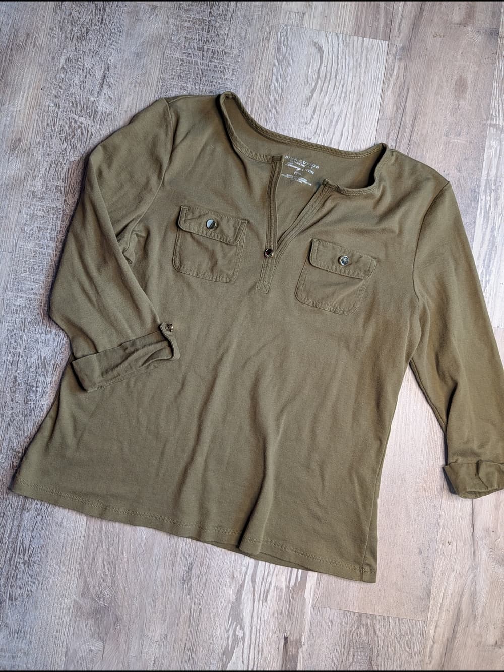 Charter Club Luxery Olive Green 3/4 Sleeve Pima Cotton Tee Gold Button - Thumbnail 9