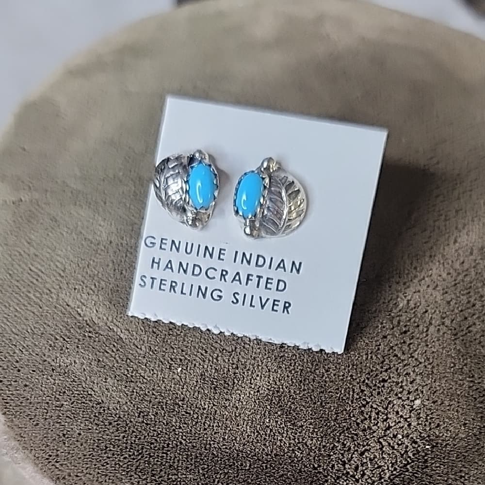 Navajo Handmade Sterling Silver Turquoise Stud Earrings Floral Southwestern - Thumbnail 8