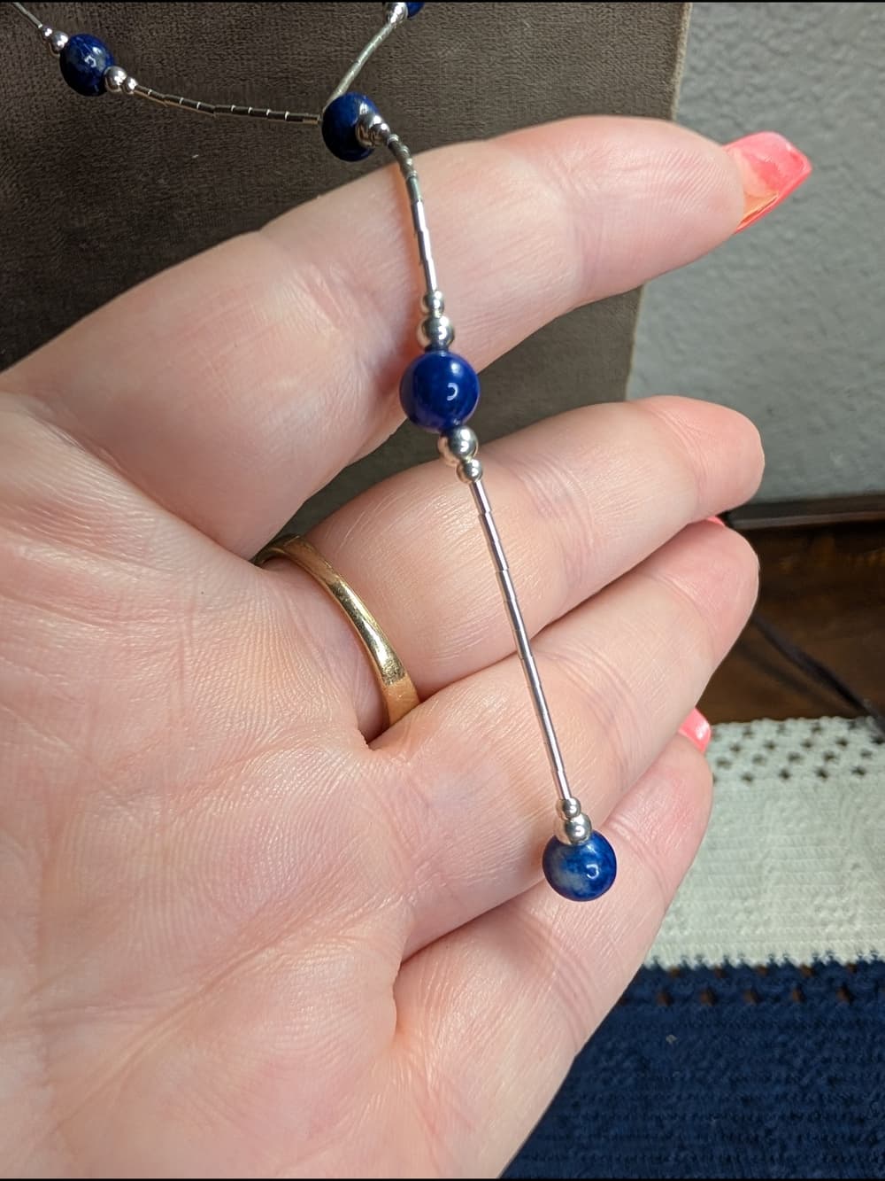 Lapis Lazuli Liquid Silver Necklace Sterling Southwestern Boho Chic - Thumbnail 4