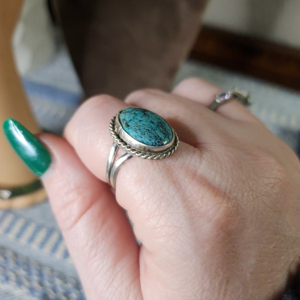 New - Navajo Signed Kingman Spiderweb Turquoise + Sterling Silver Ring - Thumbnail 4