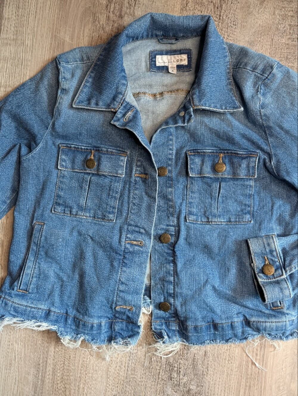 LOFT Blue Distressed Raw Hem Cropped Denim Jacket - Thumbnail 2