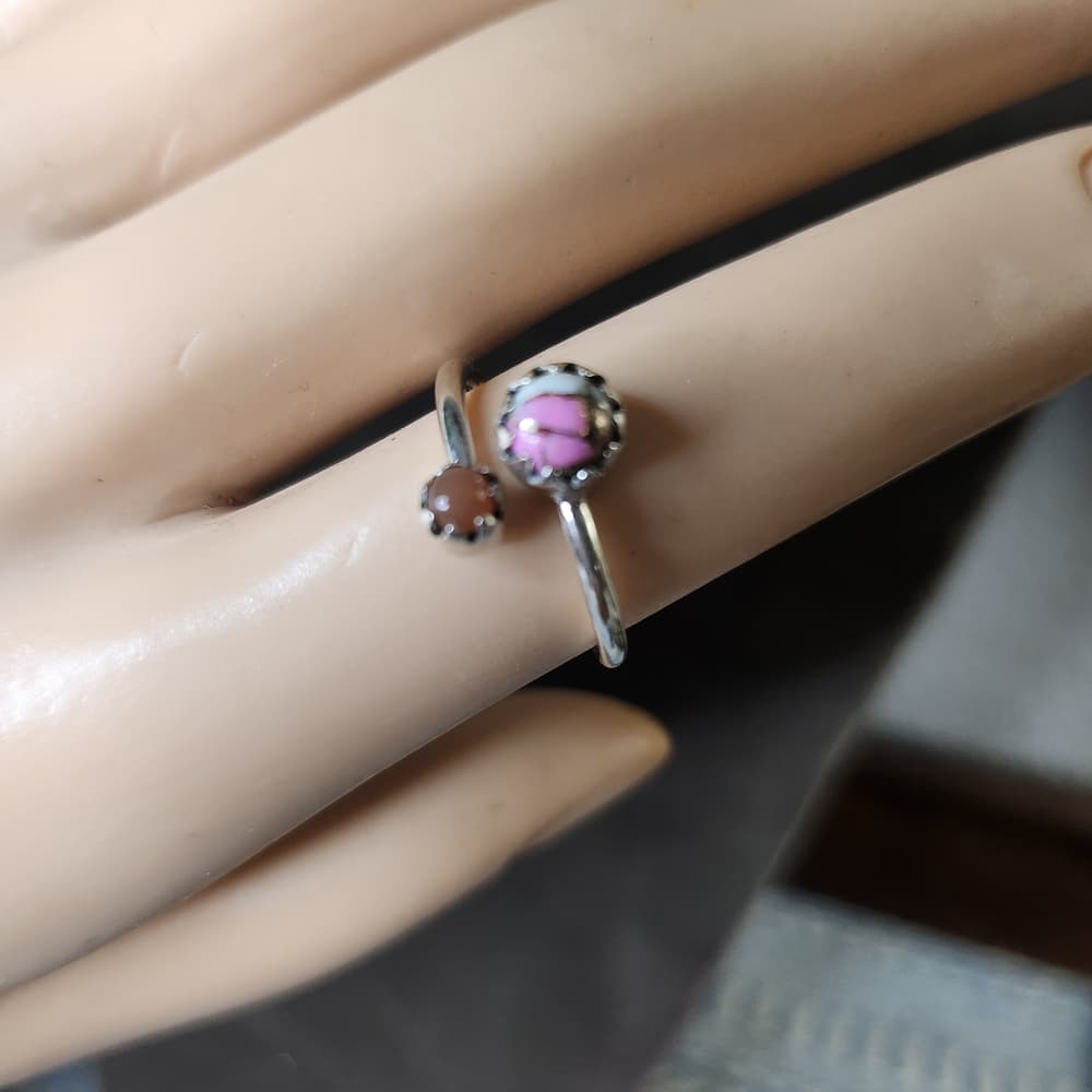 Dainty Sterling Silver Pink Cotton Candy Turuoise + Peach Moonstone Ring - Thumbnail 3