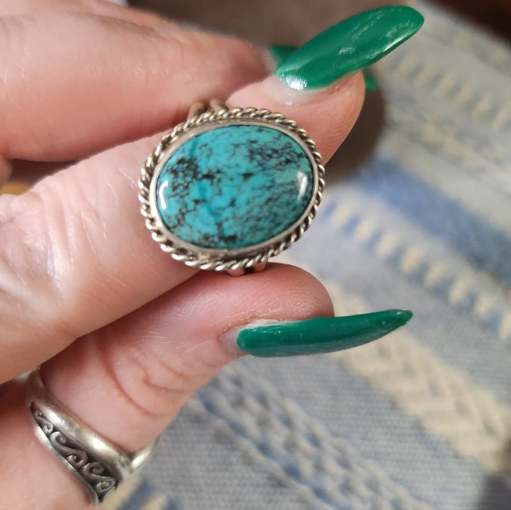 New - Navajo Signed Kingman Spiderweb Turquoise + Sterling Silver Ring - Thumbnail 9